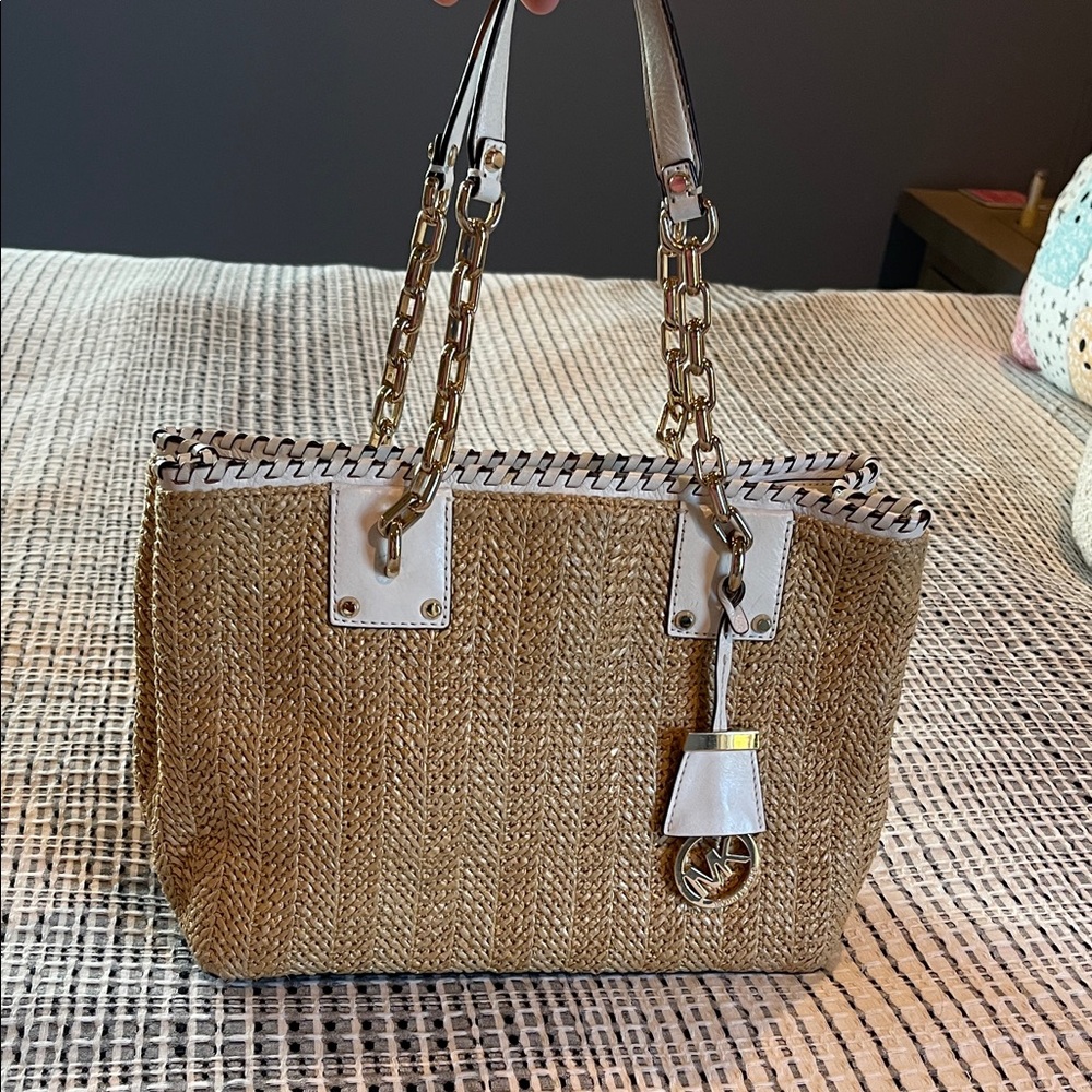 Michael Kors Woven Tan Tote with Gold Chain
